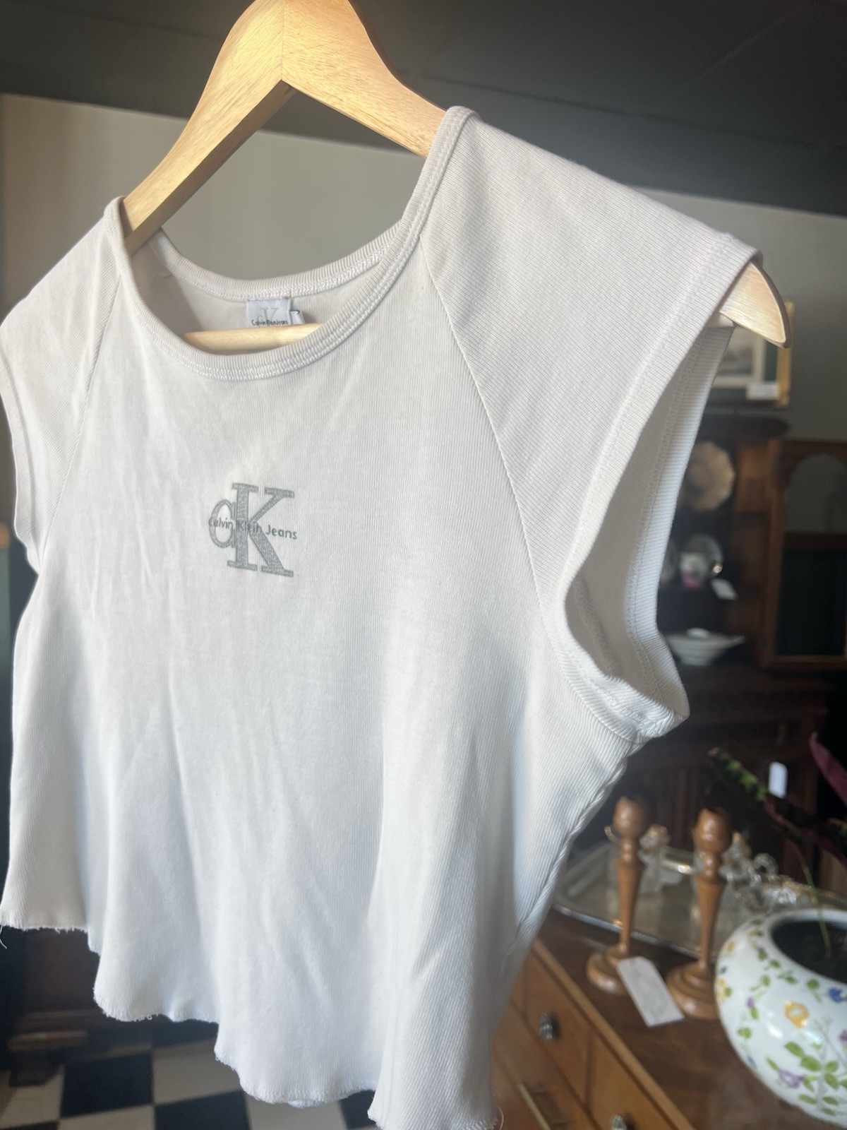 Vintage Y2K 90s Calvin Klein Logo CK Baby Tee White Silver Crop Top Large
