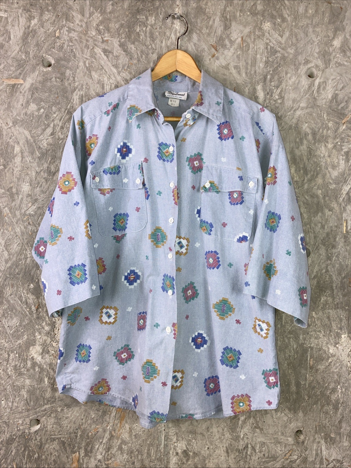 Vintage 90s Lady Diplomat Size 16 Blue Southwest Short Sleeve FAIR