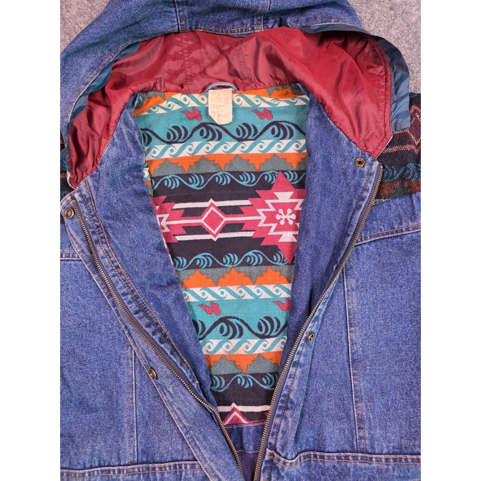 Vintage 90s Southwestern Aztec Denim Jacket Womens M Hooded Blanket Lined Long