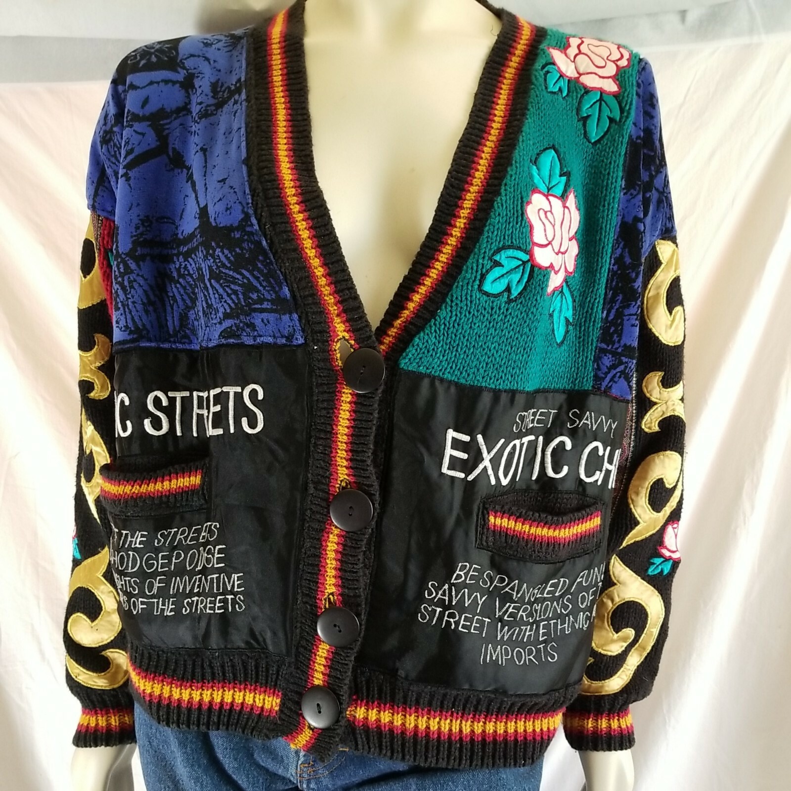 No! Jean Sweater 1990 CRAFTCORE PopArt Ethnic Street Patchwork Embroidered Knit