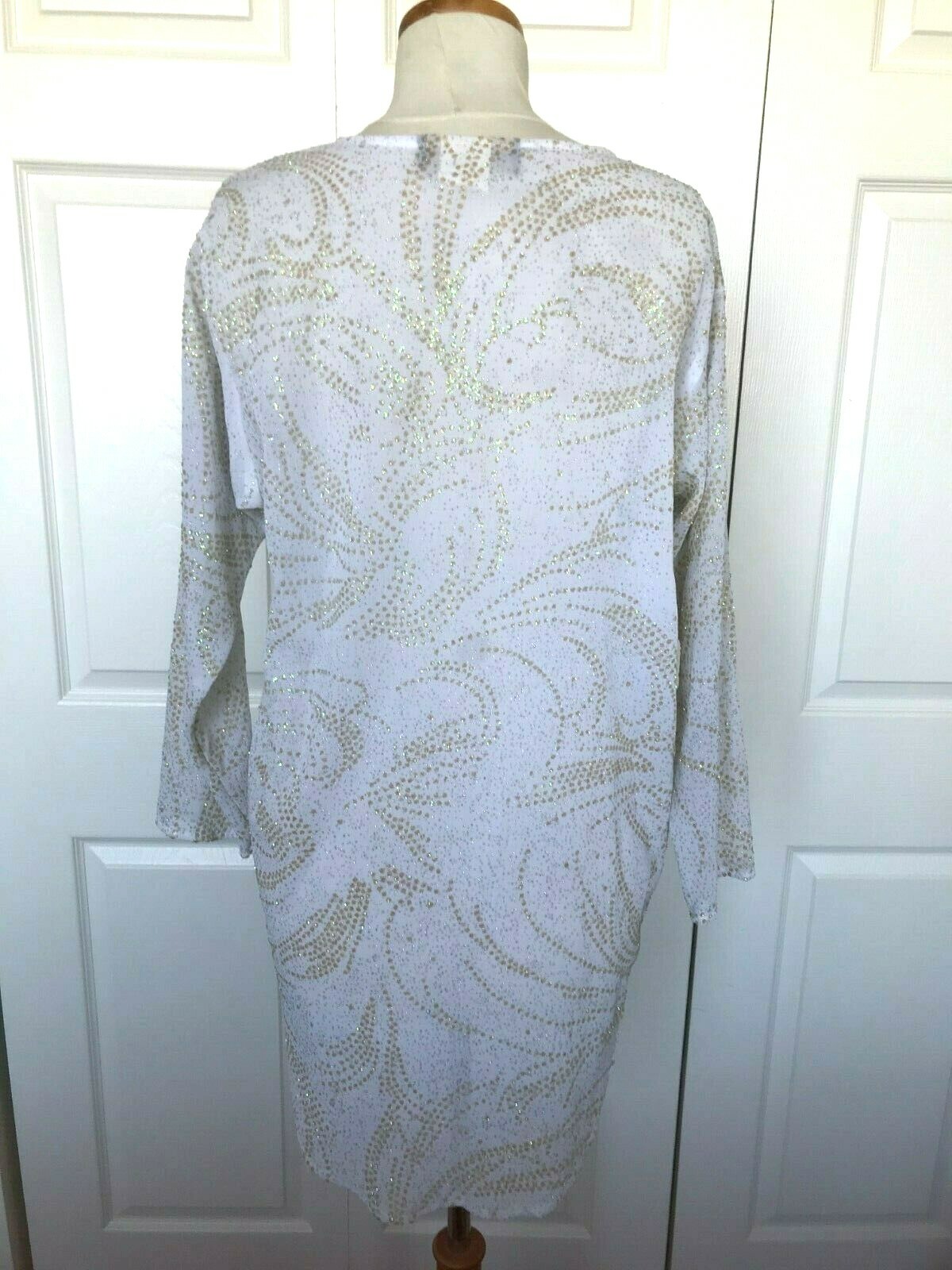 Women vtg disco blouse beads sequin top white gold Francine Browner Rumours 44″