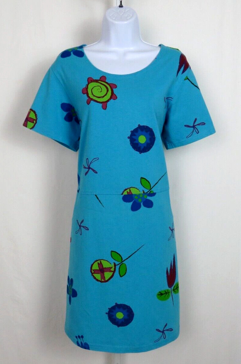 VTG 1980s 90s RED GINGER MEDIUM COTTON DRESS MOD FLOWERS ROPE BELT AQUA BLUE