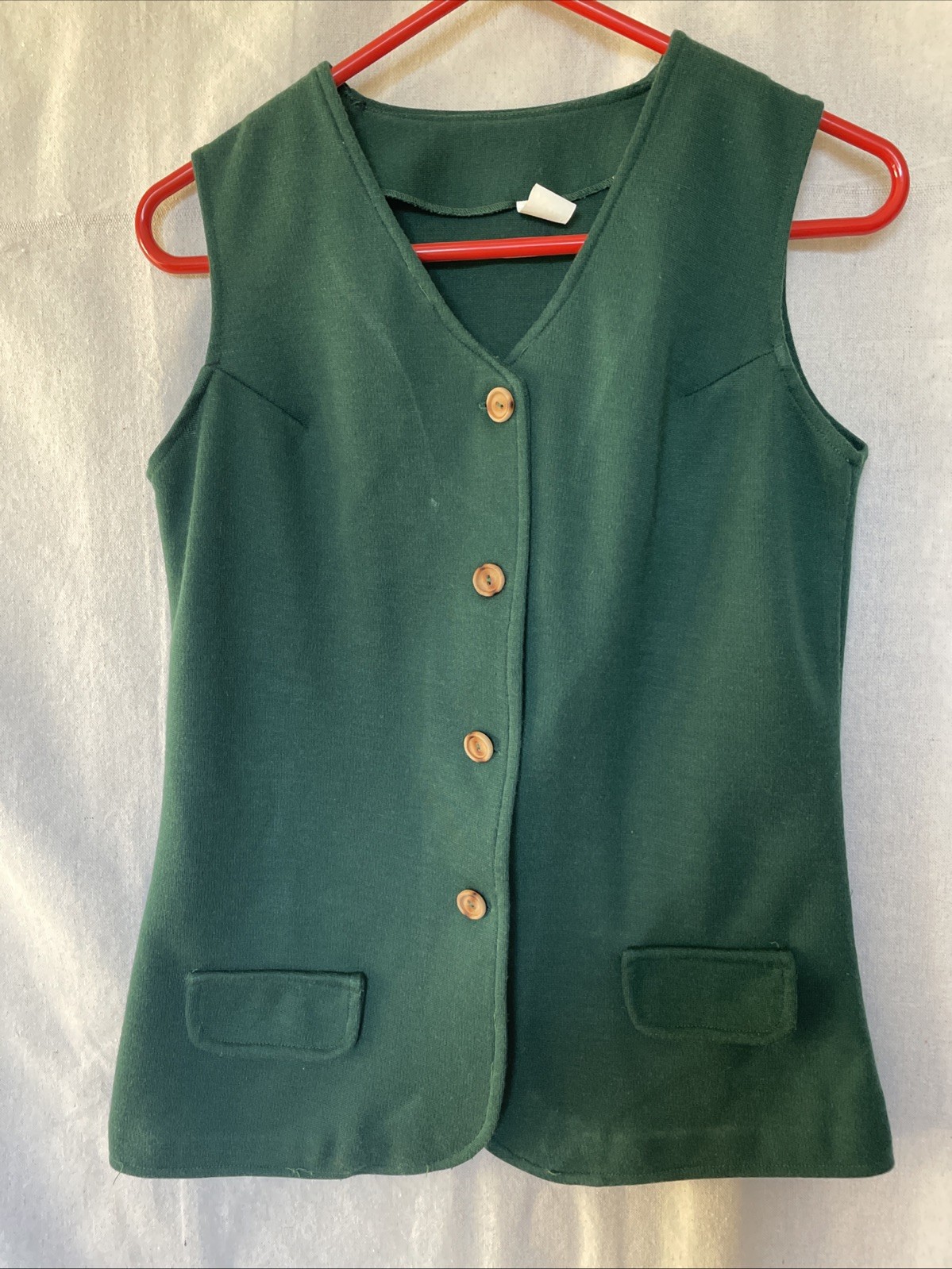 VTG Vest Women’s M Dark Green Knit Wood Buttons Boho Grannycore Peasant Academia