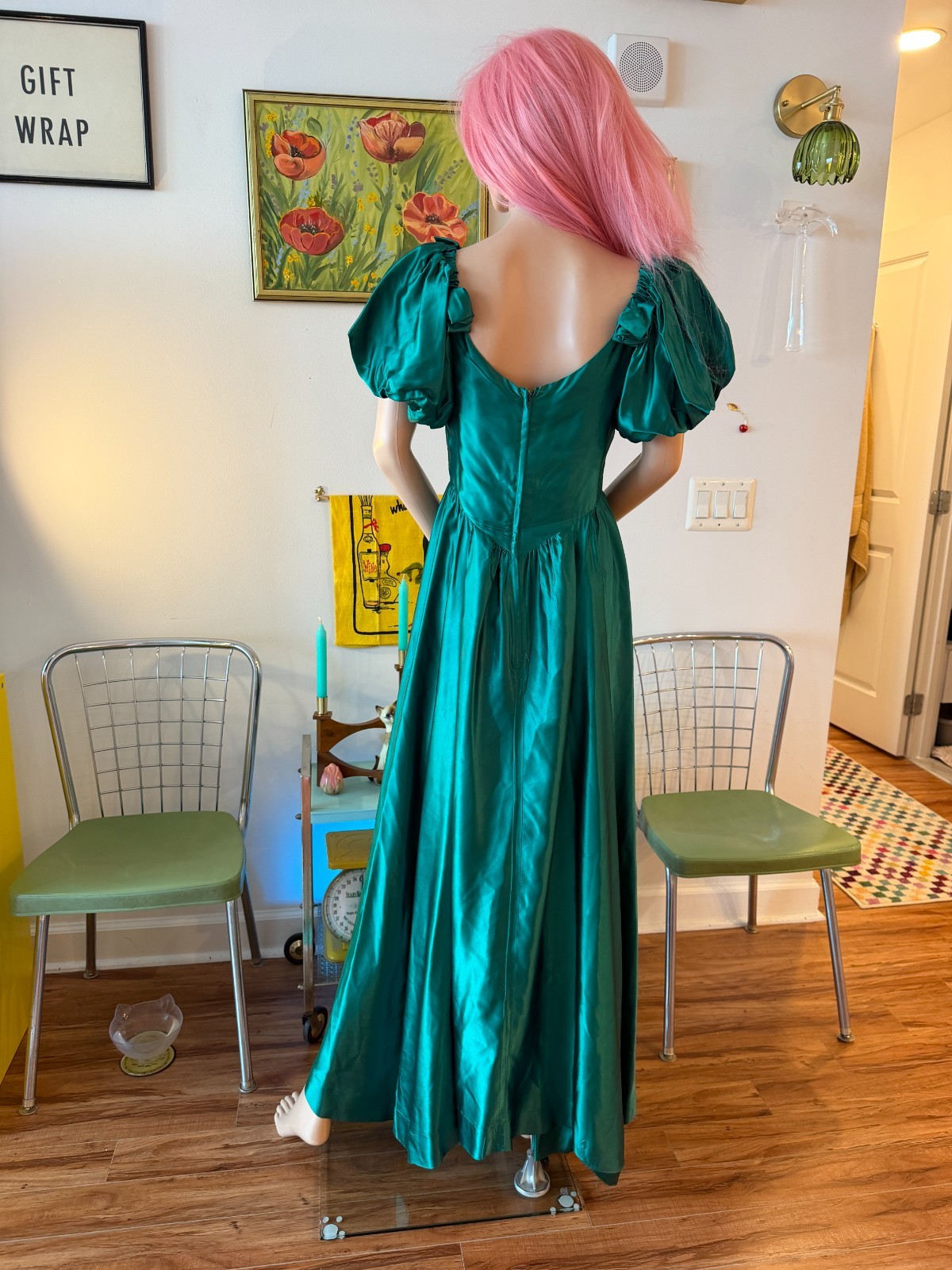 💚 Vtg 80s Party Prom Emerald Green Taffeta Gown Puff Slv Ballgown Prom Dress M