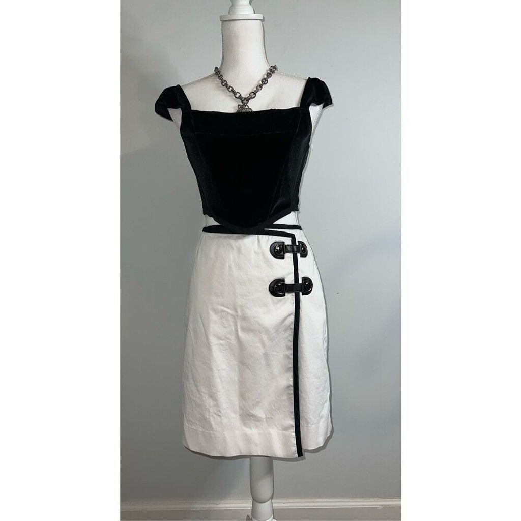 Vintage Chic Work Casual Buckled Y2K Skirt 8 White/Black