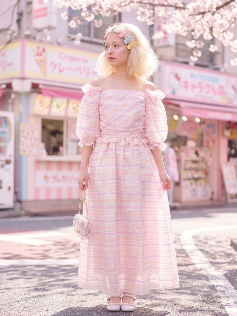 Vtg 80s Cotton Candy Pink Striped Puff Shoulder Party Dress Fairy kawaii 12