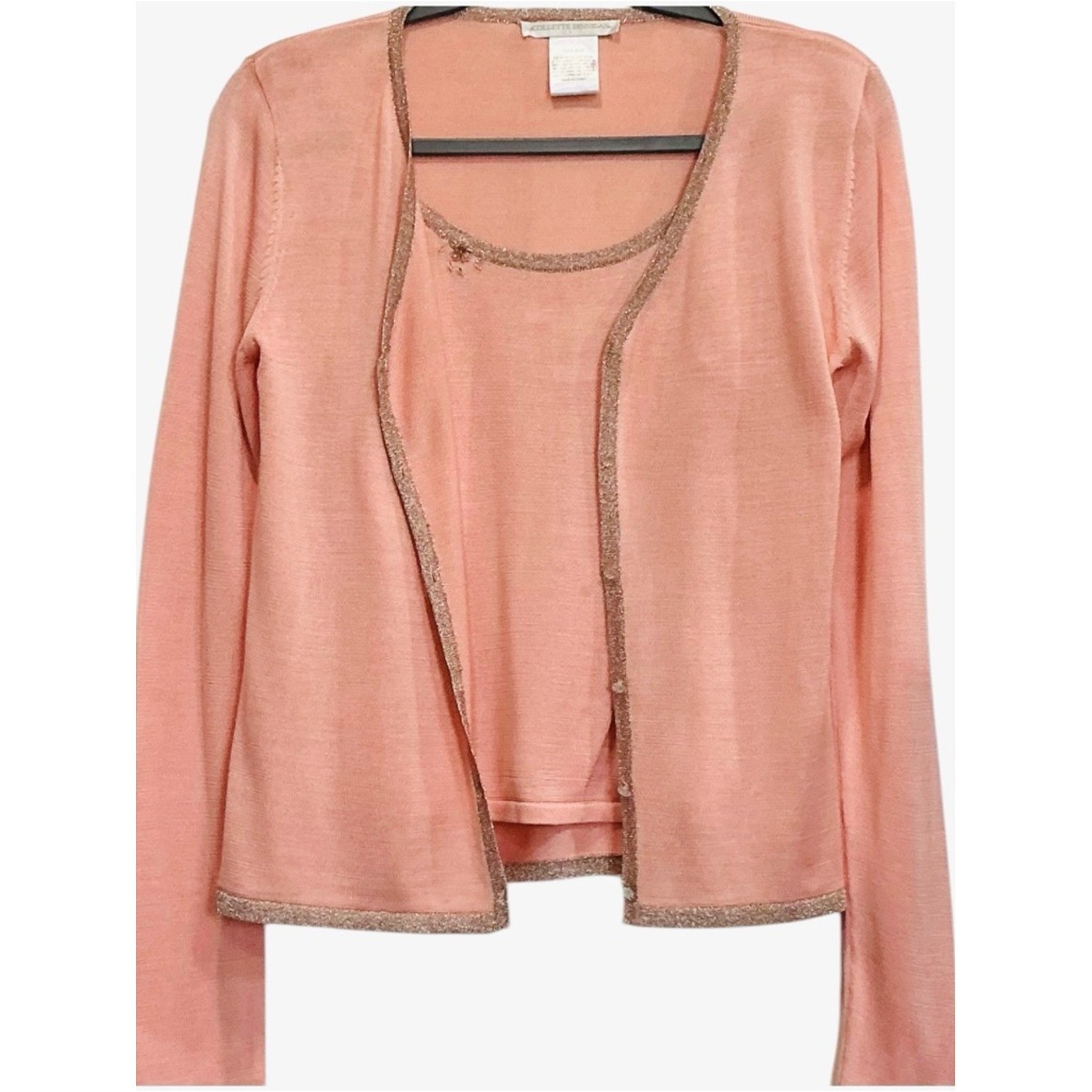 Vintage Collette Dinnigan Silk Twinset Beaded Cardigan Cami Set L Rare Pink