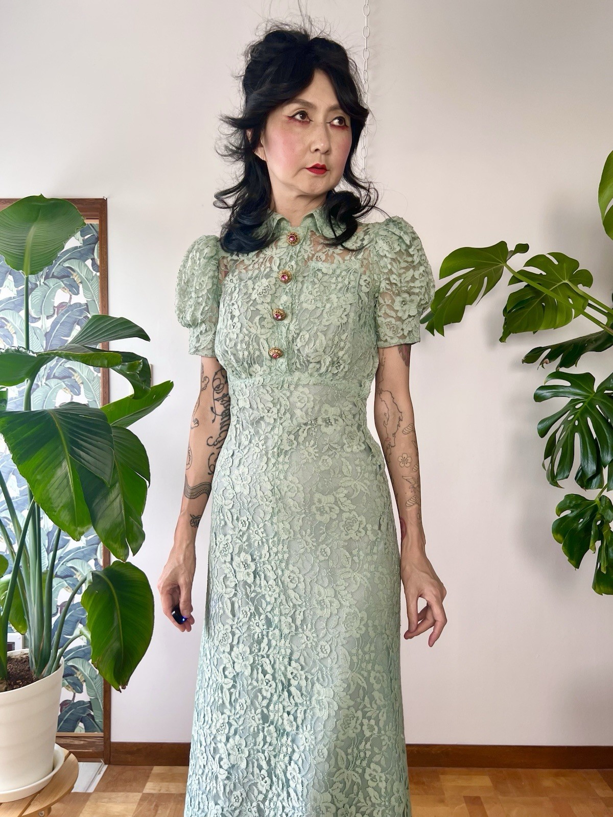 1930s Seafoam Green Floral Sheer Lace Puff Sleeves Gown Dress XS/S Old Hollywood