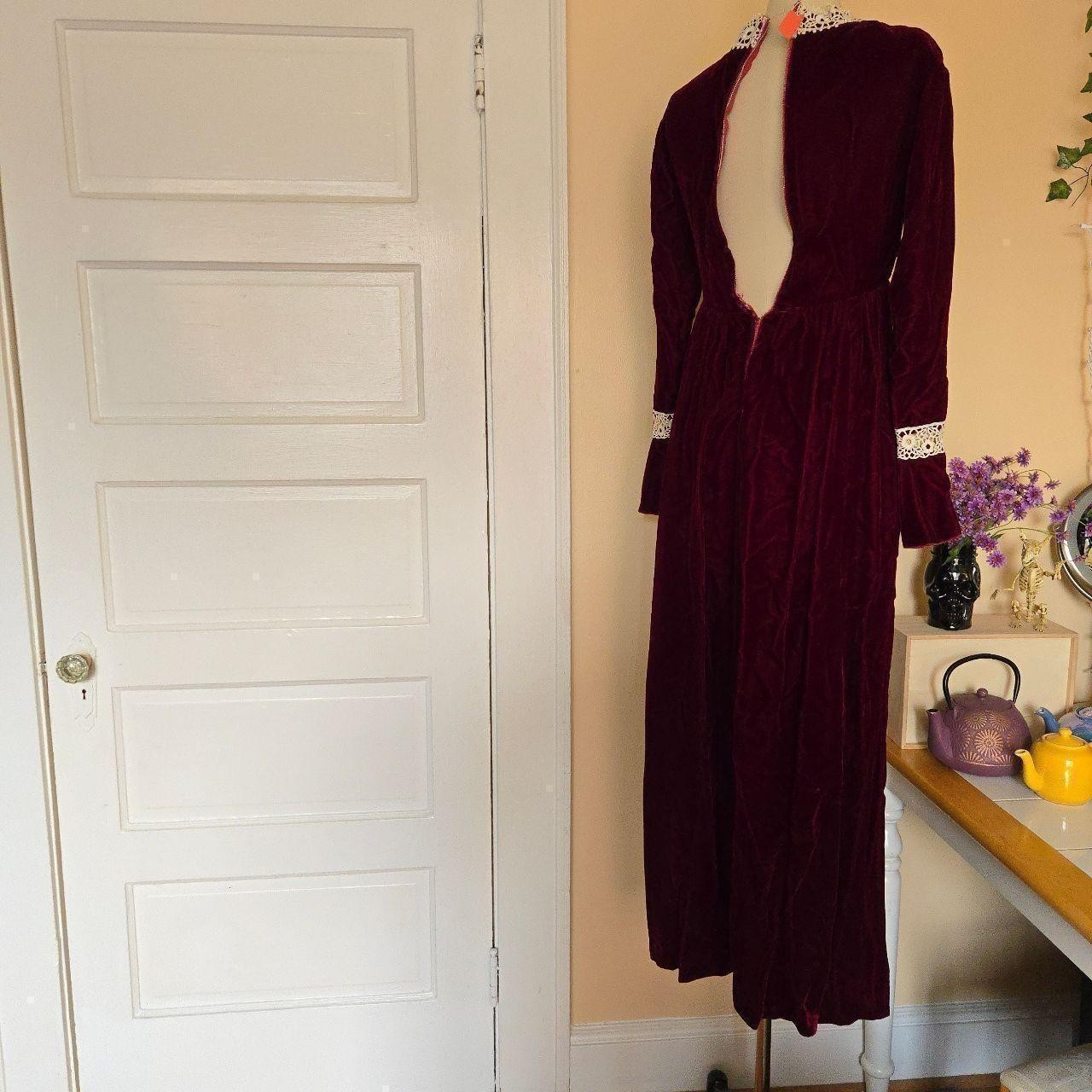 1970s victorian revival burgundy velvet maxi dress with lace applique