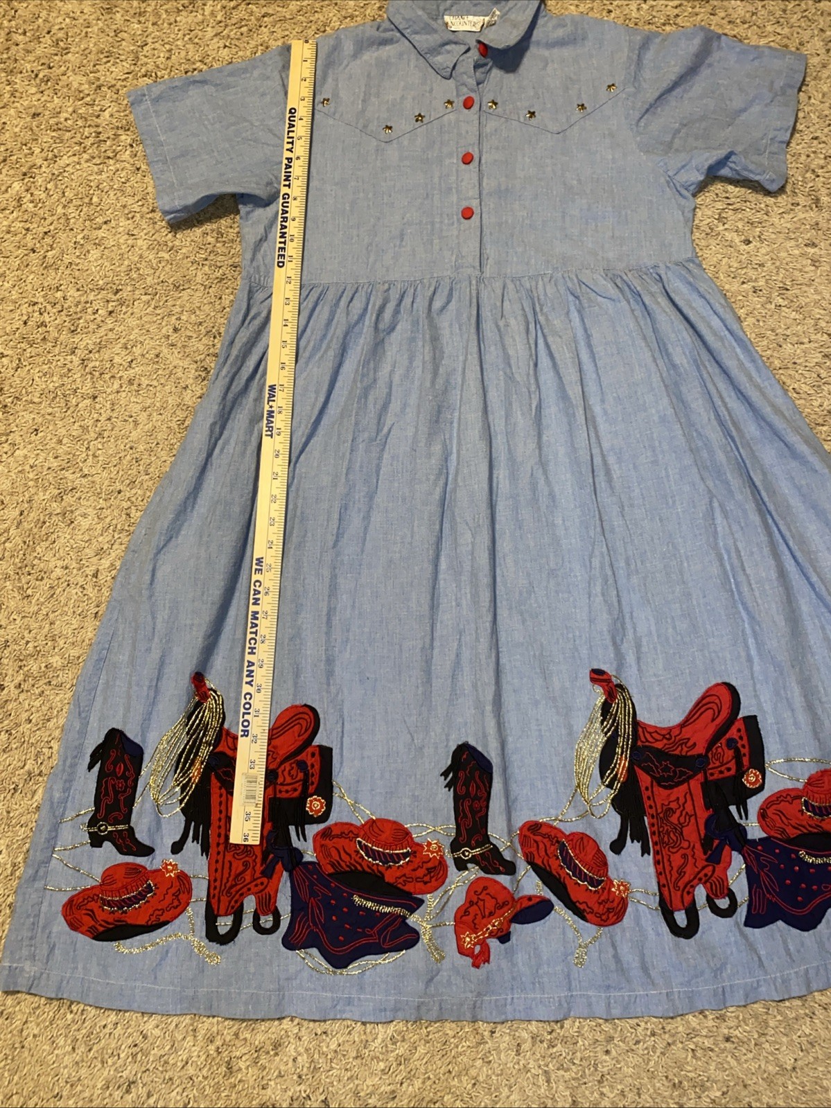 Women’s Vintage 90s Blue Western Cowgirl Embroidered Dress Size Lg Red Hat Boots