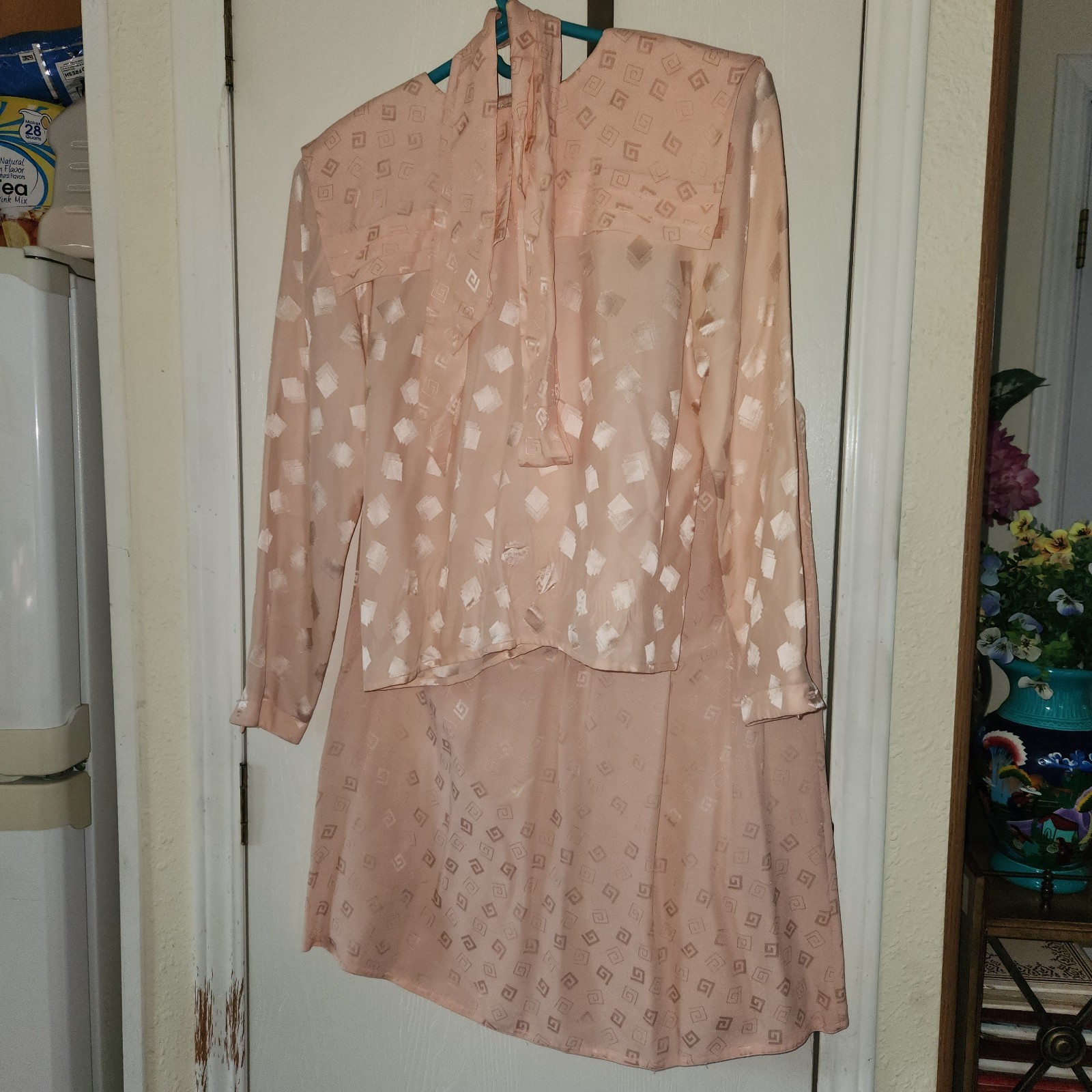 3 Piece Vtg 1980s Joanie Char Patterned Silk Shirt & Skirt Set Salmon Petite 10