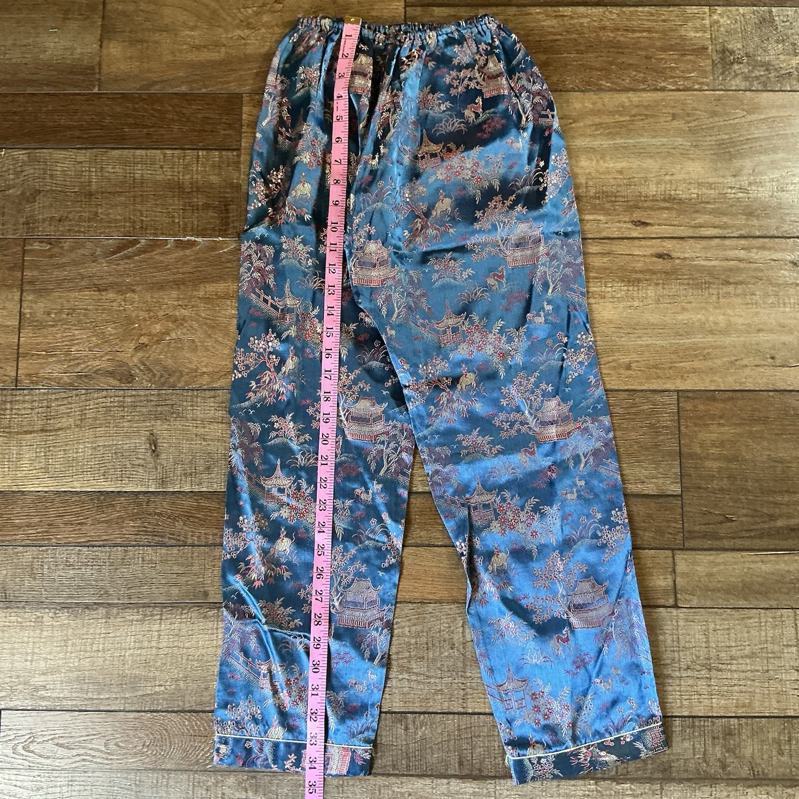 VINTAGE Size 14 Peony Chinese Pajama Set Frog Button Brocade Satin Lounge #61708