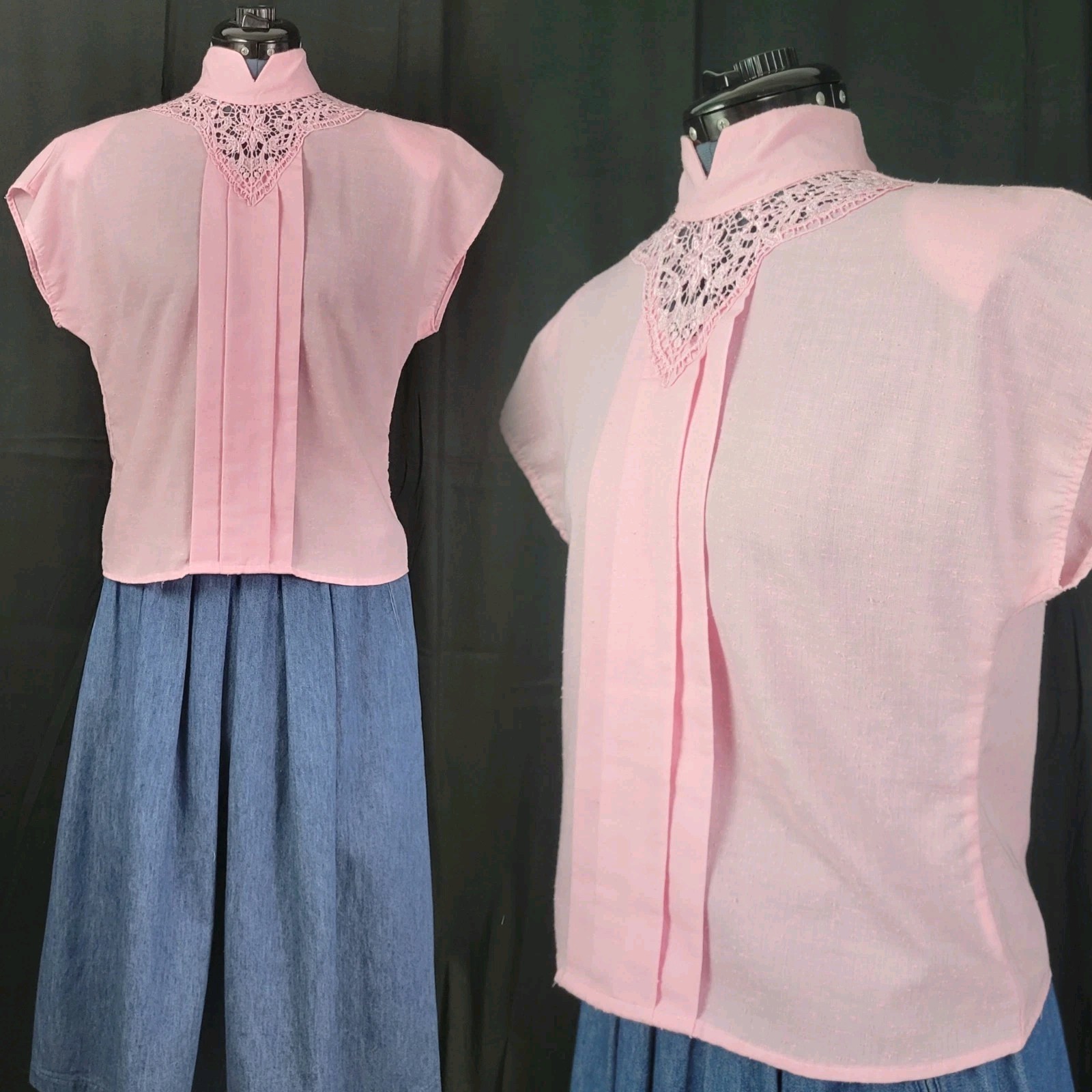 Vintage At Once Pink Drop Shoulder Blouse w Lace Neckline Size Small