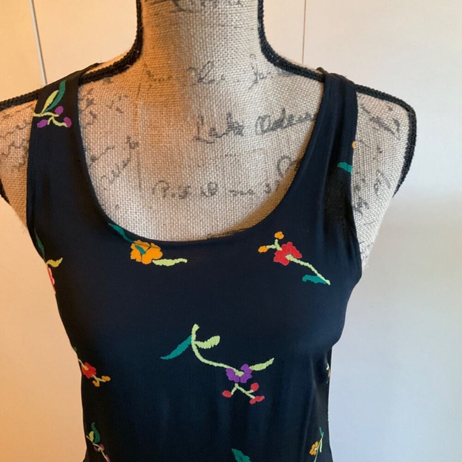 Vintage 80’s Norma Kamali Designer black floral racer back tank maxi midi dress