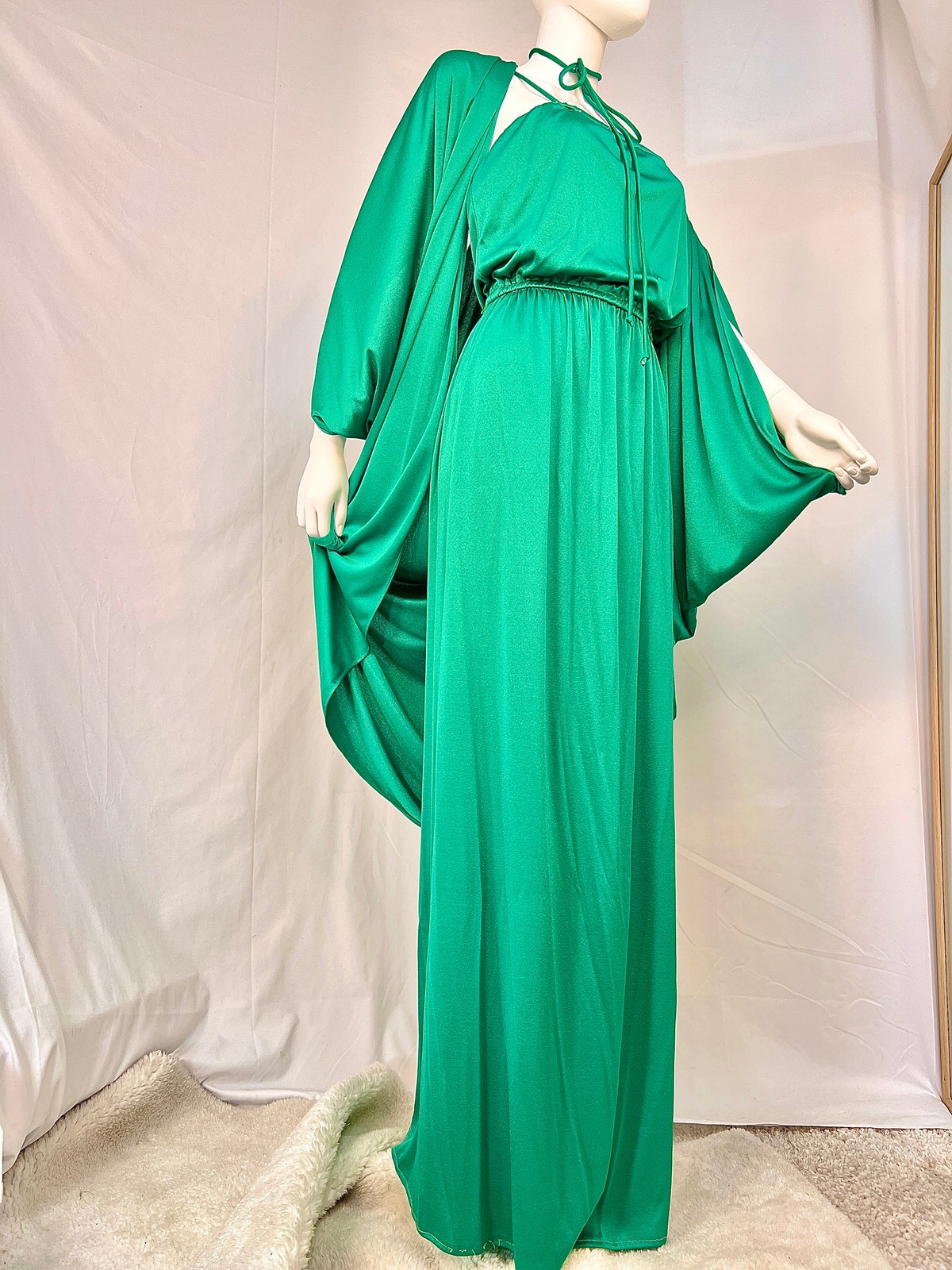 1970s Kelly Green Disco Dress and Wrap Set, M