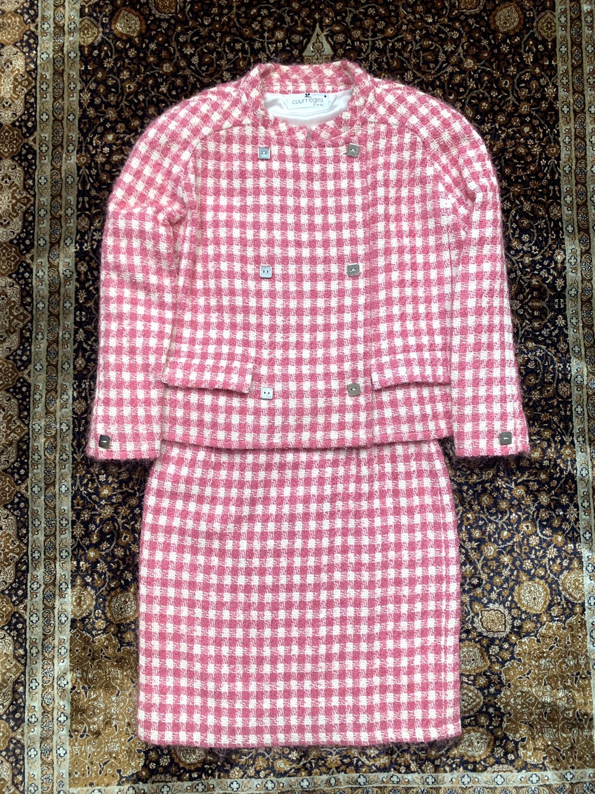 Vtg Courreges Skirt Suit Mohair Boucle Tweed Pink White Checks Womens 40 France