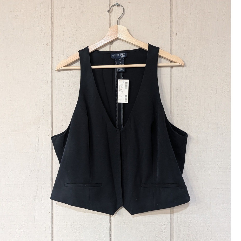 Vintage Y2K Black Stretch Waistcoat Vest Size 16 Quiet Luxury Minimalist