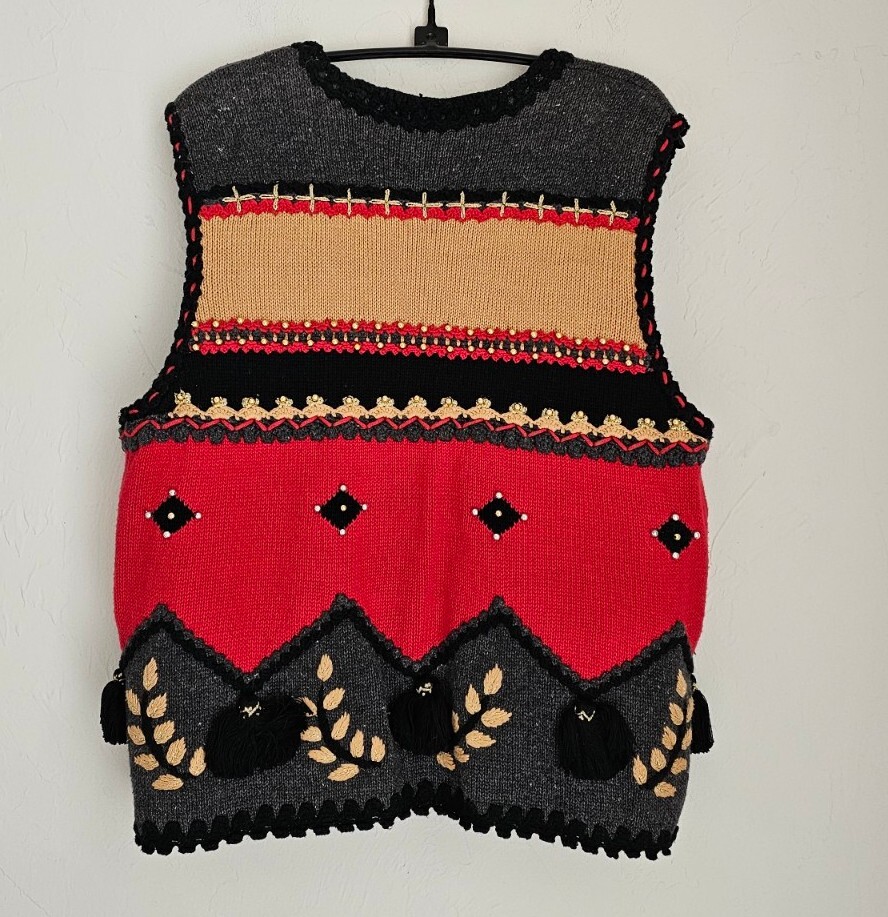 Vintage Belle Pointe Sweater Vest Full Zip Detailed Embroidered Beaded Sz M