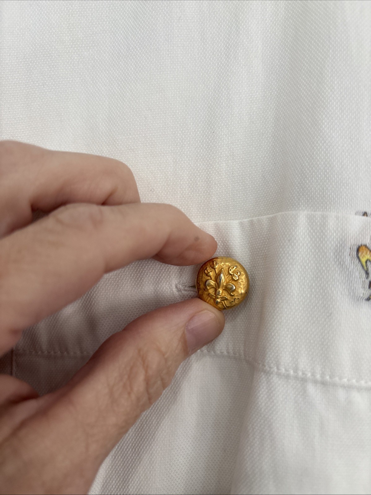 VTG ESCADA Margaetha Ley fleur-de-lis Embroidered Gold Button Blouse 34 Germany