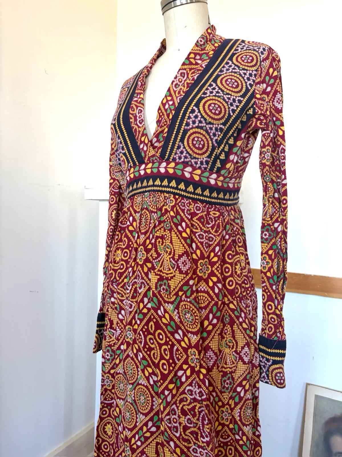 60s 70s Artisan Printed Pakistani Cotton Boho Hippie Empire Waist Maxi Dress XS