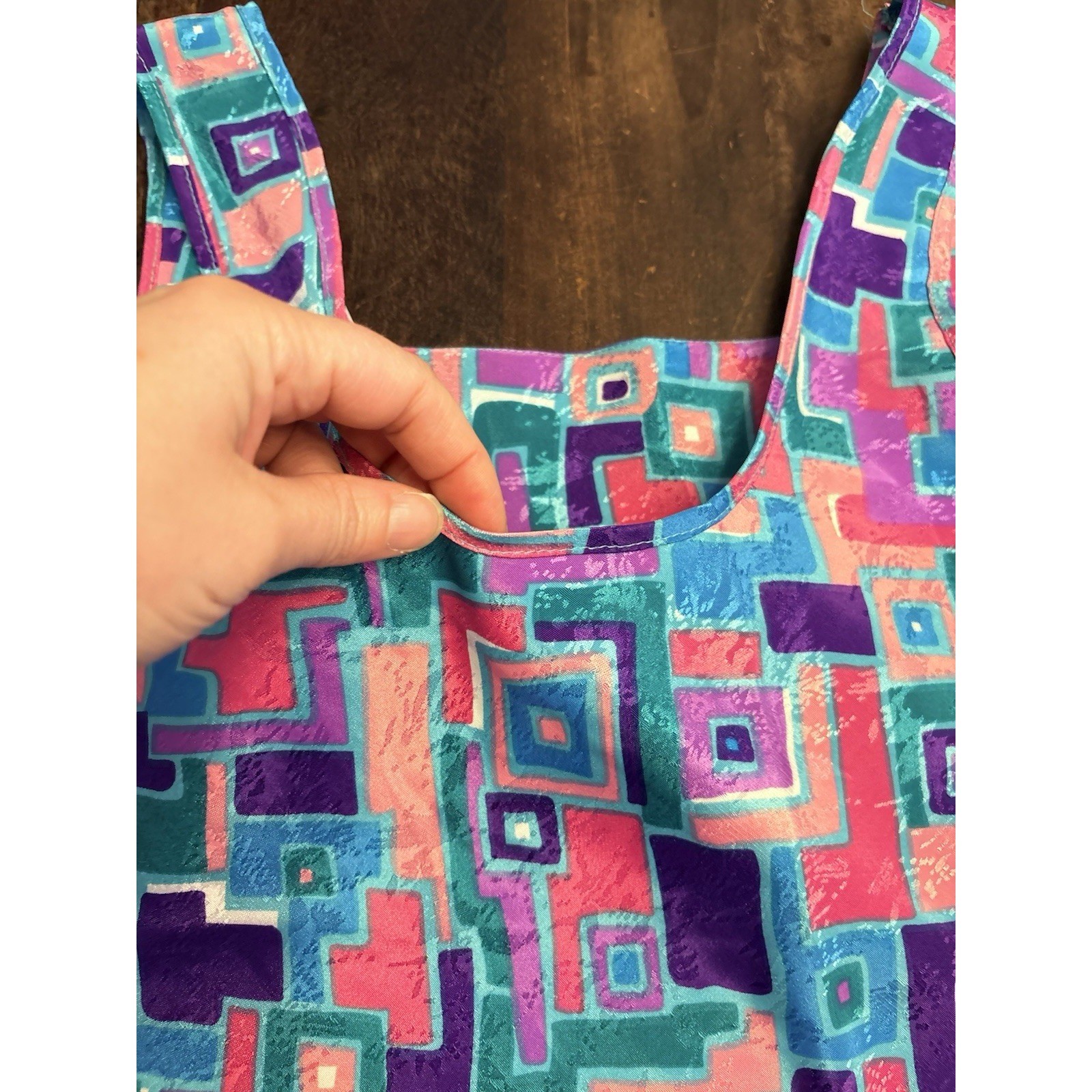 Vintage Geometric Abstract Print Tank Top Pink Purple Teal Sleeveless Shell