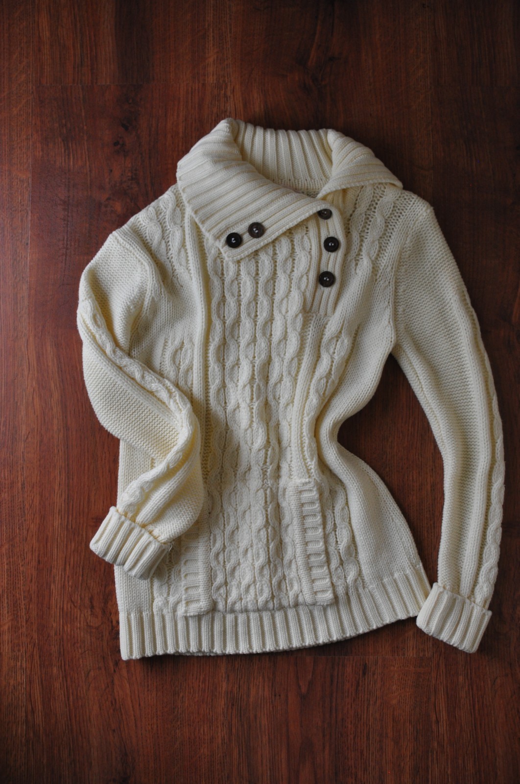 70s Vintage Cream Chunky Cable Knit Buttons Turtleneck Fisherman Sweater Women S