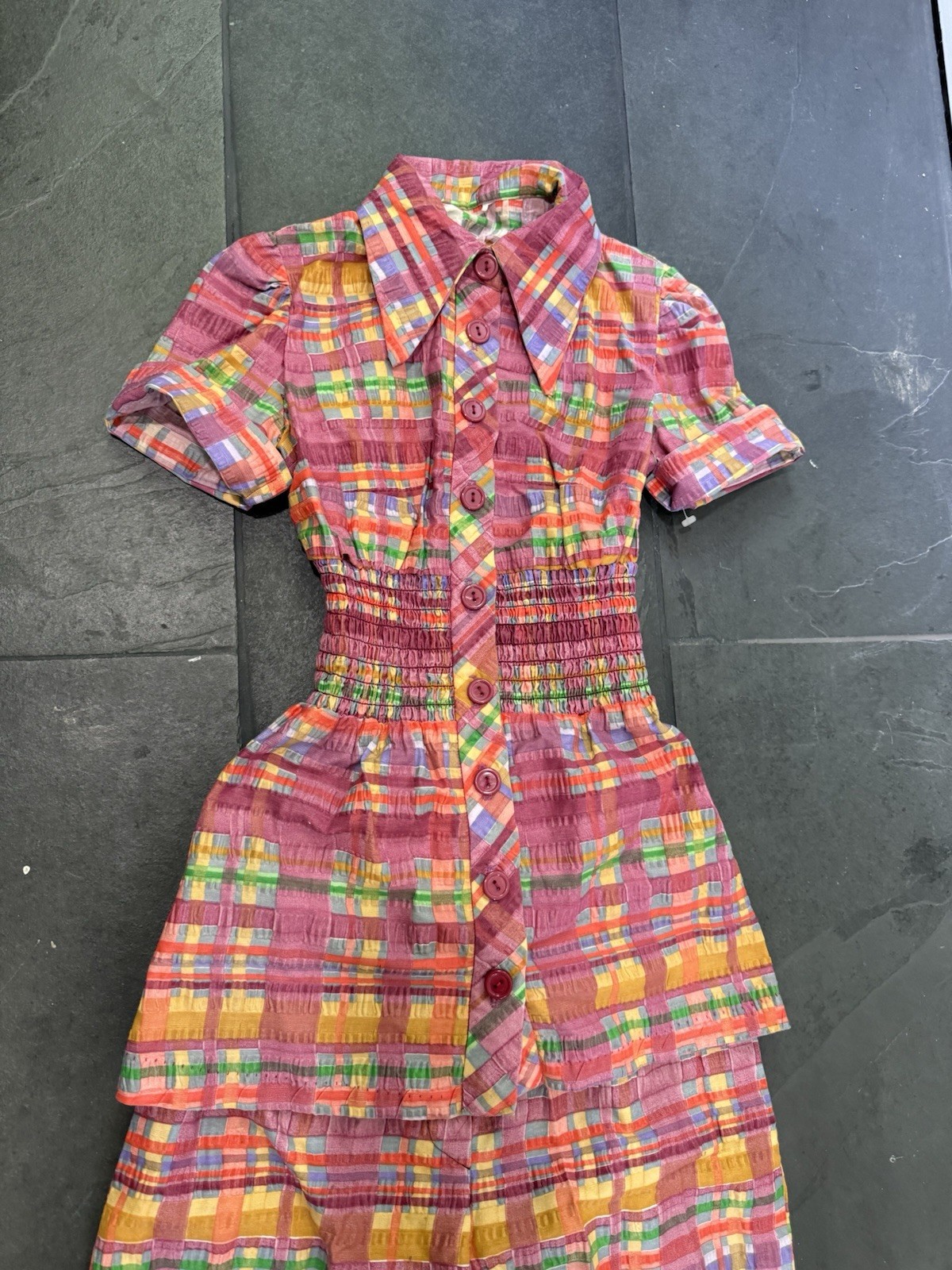 RARE Vintage 1970s Two Piece Set Bell Bottom And Top Bright Colorful Plaid SZ XS