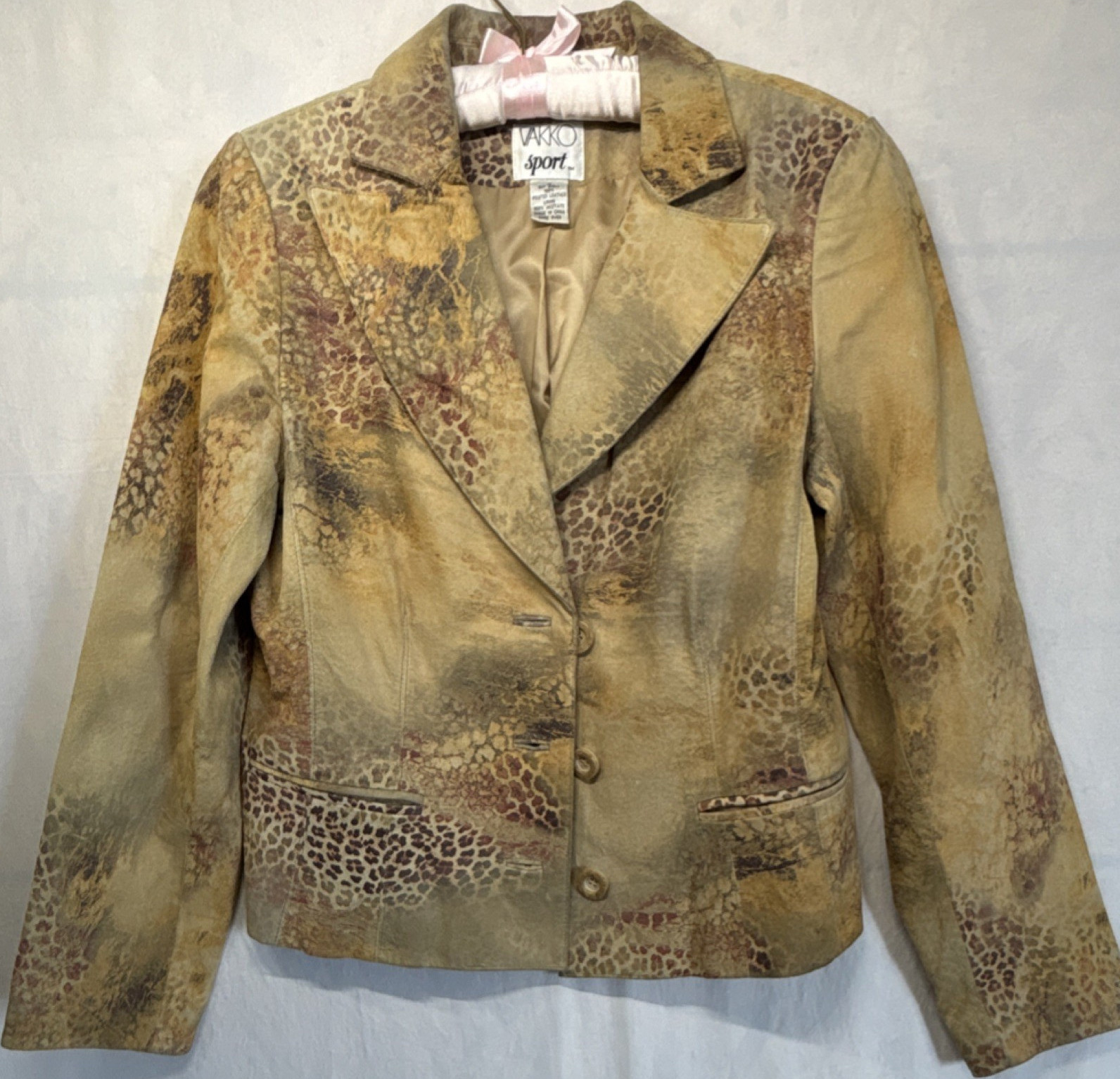 Vakko Sport Women’s Printed Leather Blazer Animal Print Size 12 Beige Brown