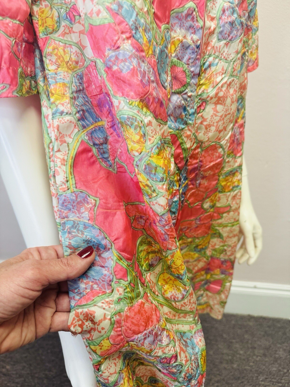 VTG RARE Caftan Kaftan Loungewear night Gown Dress robe glo pink floral zip S/M