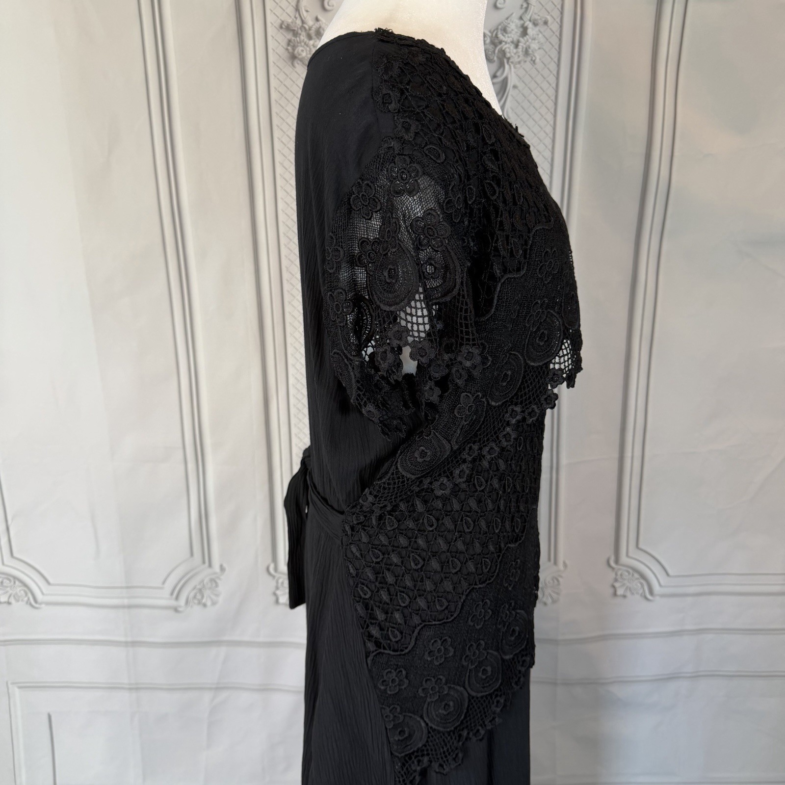 Vintage 90s Magnet Art Lynn Yang Boho Crochet Lace Overlay Dress SZ L Maxi Flowy