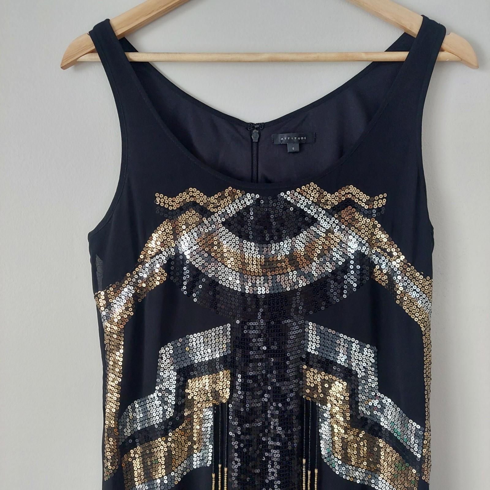 Attitude Retro 1920 Style Dress Flapper Spangled Tasseled Sequin Black Size 6