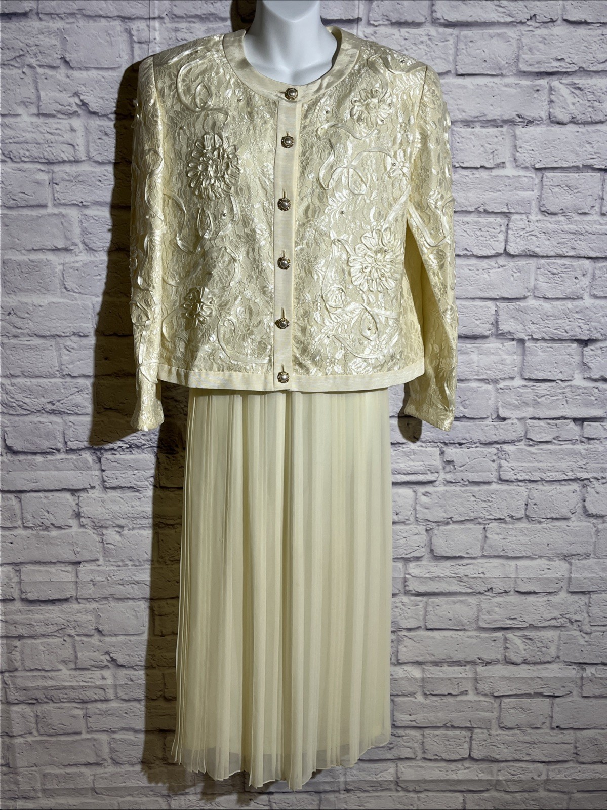 Vintage Nuit Union Made Cream Embroidered Pleated Evening Skirt Jacket Sz 12