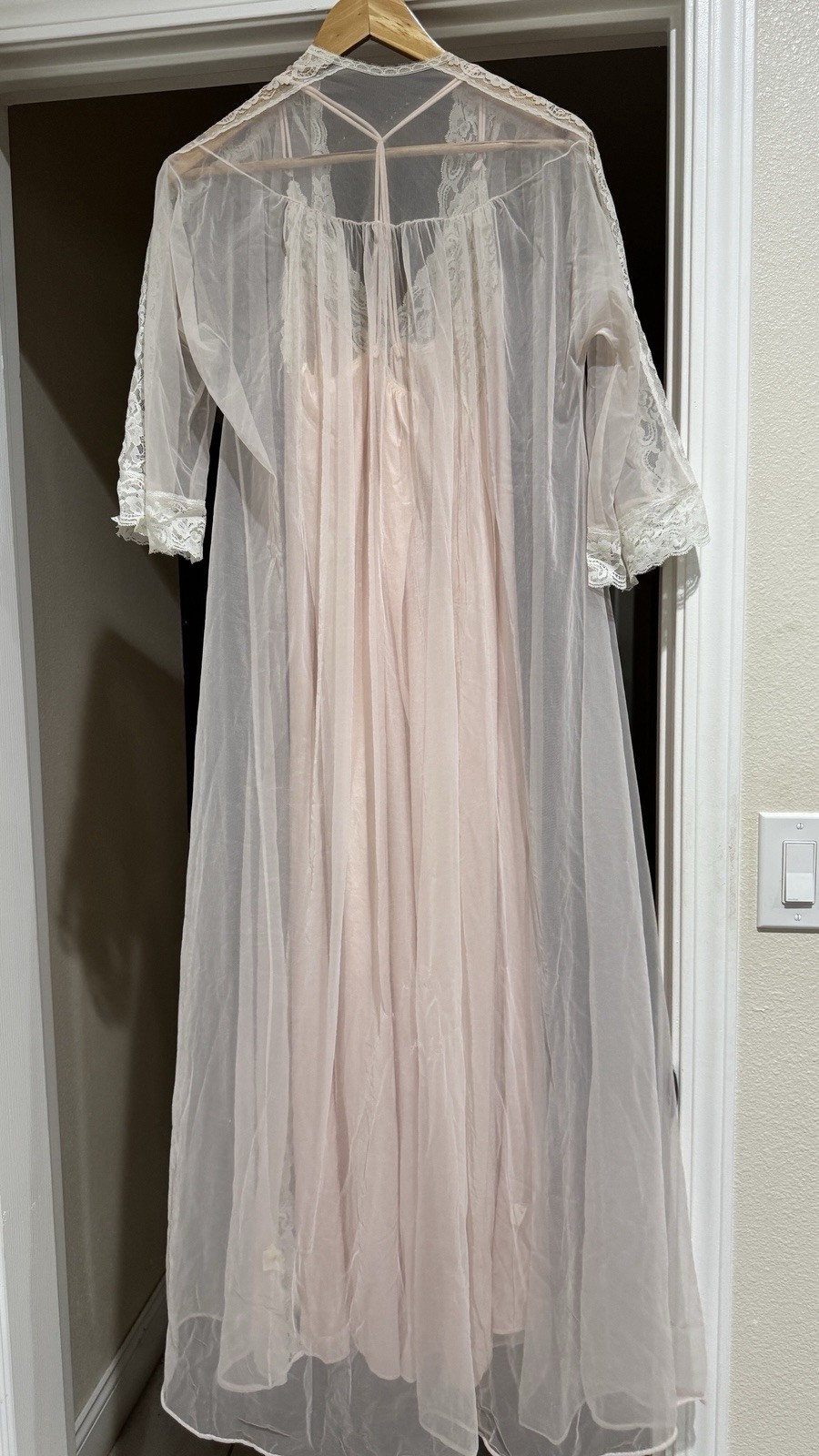 2PC Vintage L-XL 80s peignoir sheer Chiffon 100% Nylon Nightgown & Sheer Robe