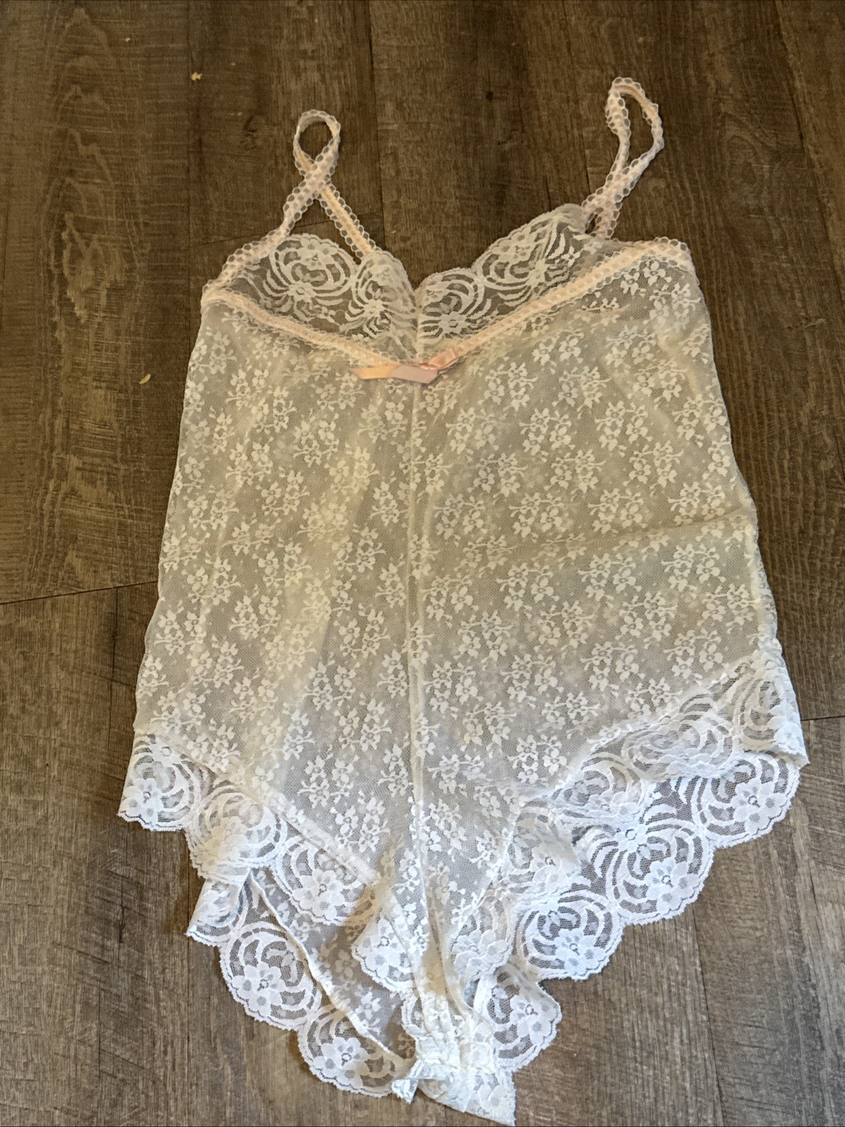 Vintage 80s Spotlight Sheer white Floral Lace Teddy Bodysuit Romper Medium