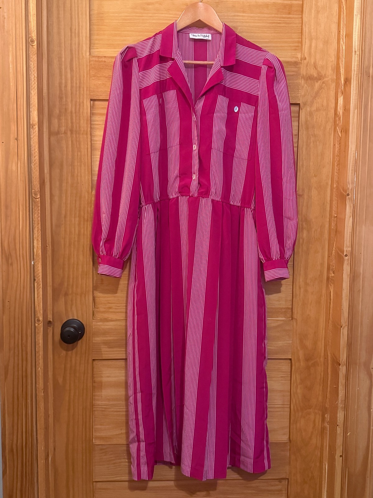 Vtg 80s Diane Von Furstenberg Tailored Pink Striped Midi Shirt Dress size 6