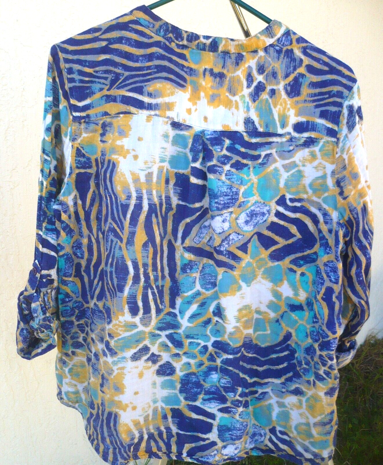 VTG 90S CORAL BAY PETITE L COTTON ANIMAL TIGER PRINT TEAL BLUE BUTTON UP BLOUSE
