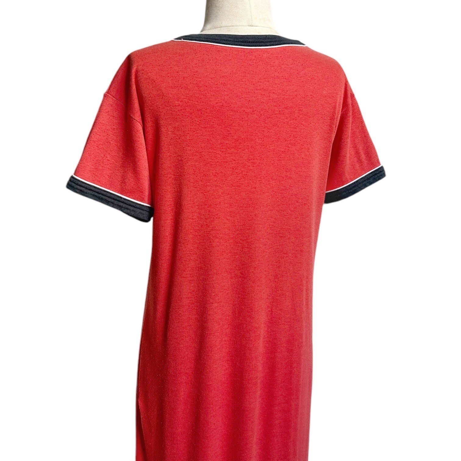 70s 80s Vintage T-shirt Dress Maxi Ringer V-neck Soft Thin Contrast Collar.