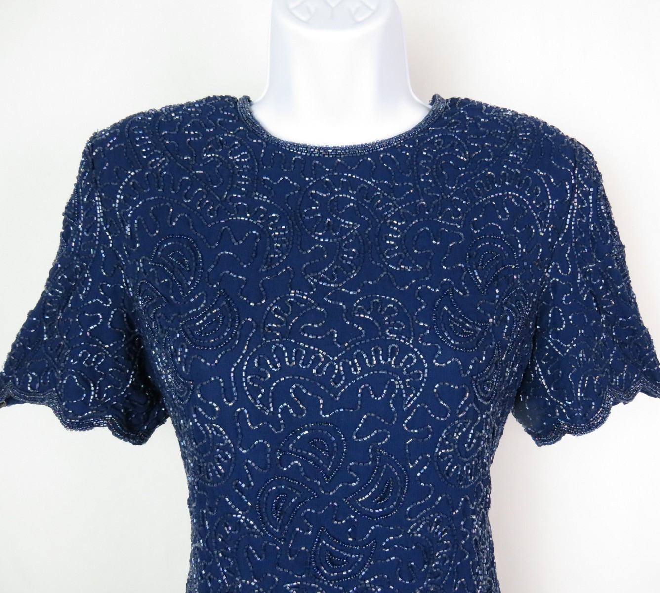 VTG 1980s BRILLIANTE BY JA BLUE BEADED DRESS SIZE PM POLY CHIFFON