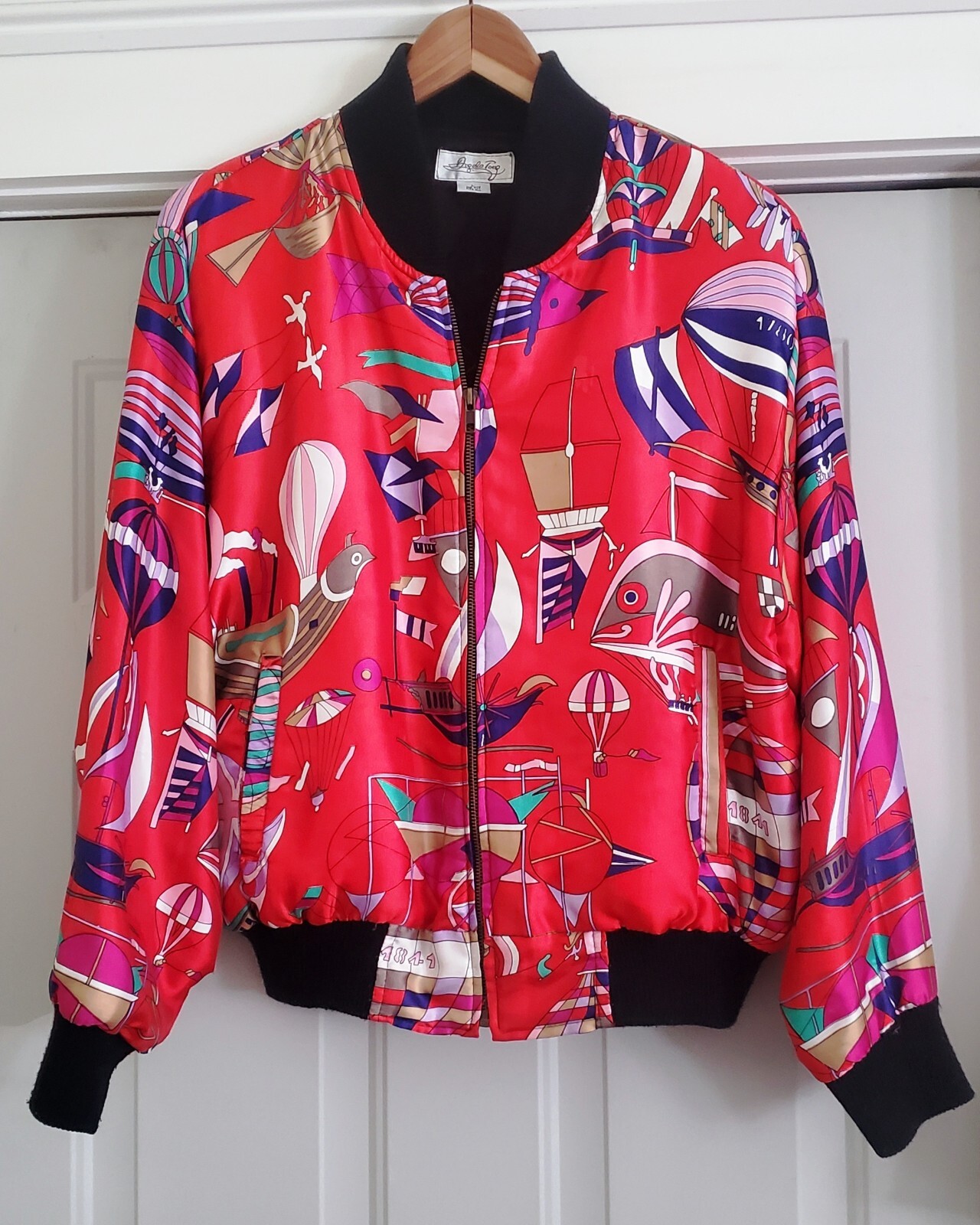 Rare Vintage 80s Angela Tong Satin Bomber Hip-Hop Jacket Red Balloon Print Large