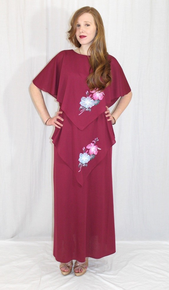 Vintage 70s Burgundy Wine Floral Cape TIERED Retro Maxi Cocktail Party Dress M