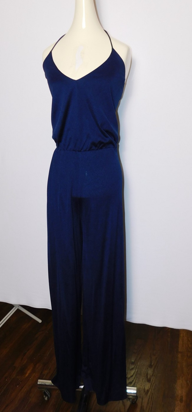 Vintage Women’s Snooty Hooty Navy Blue Wide Leg Evening Party Jumpsuit