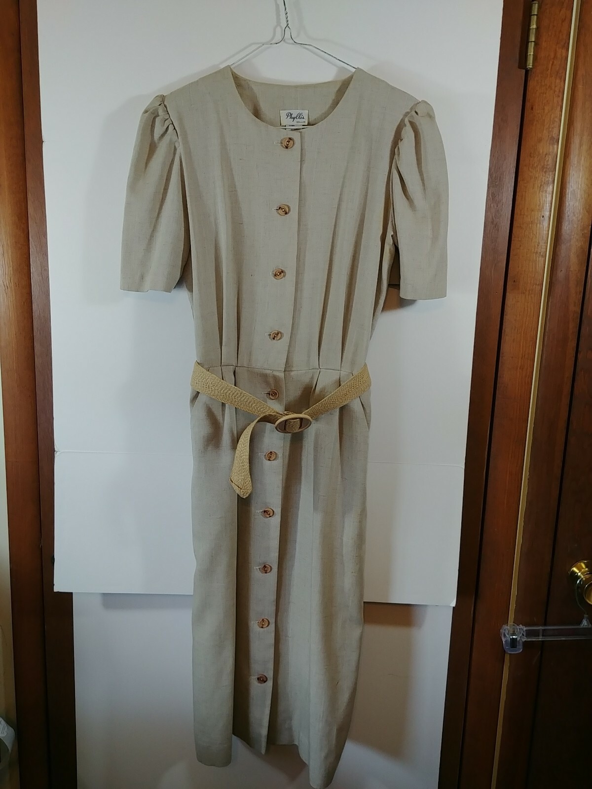 Phyllis of Dallas Vintage Sheath Dress, Front Button, Belted, Size 10, Tan,#3549