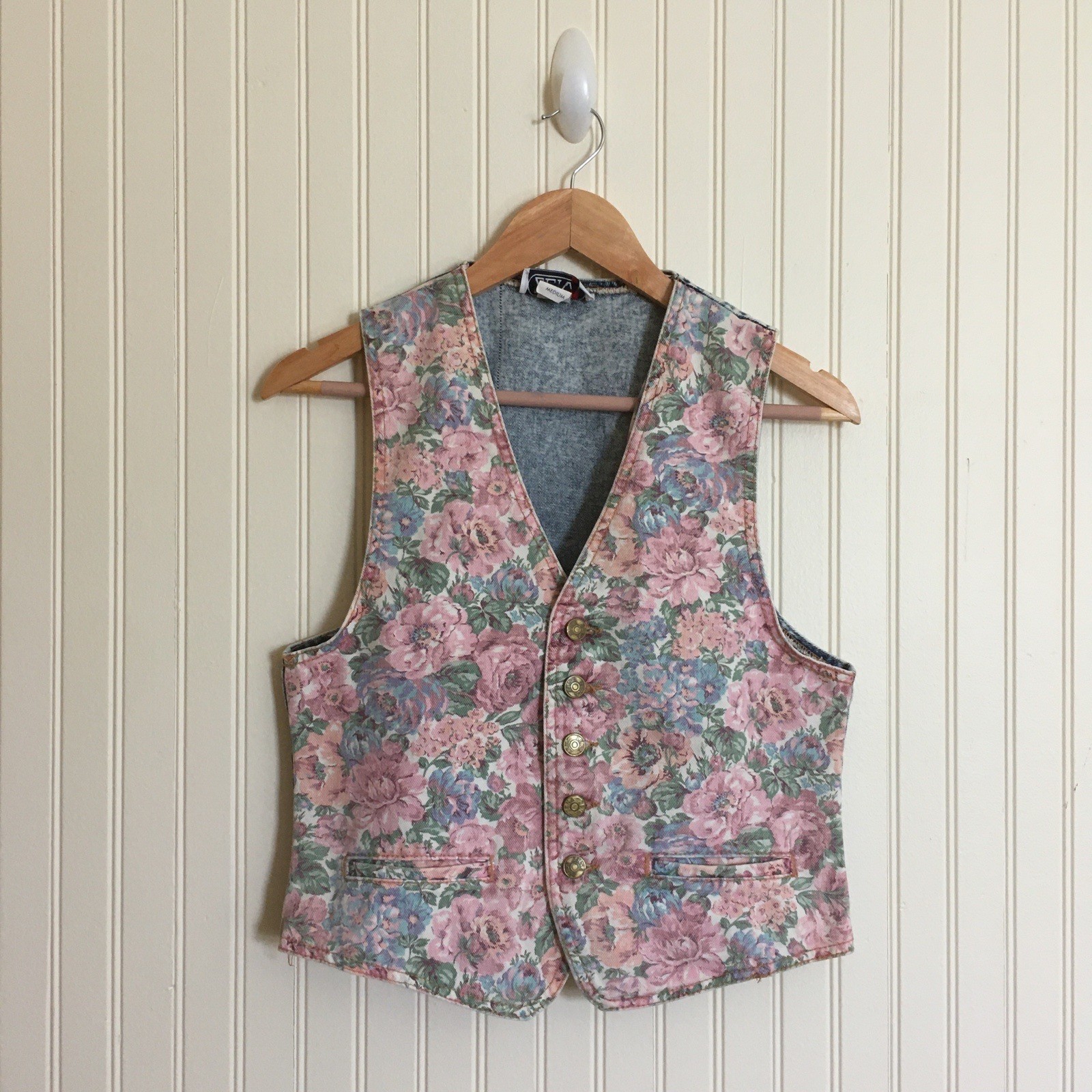 Zena vintage floral print denim vest cottagecore grandmacore sz small/medium EUC