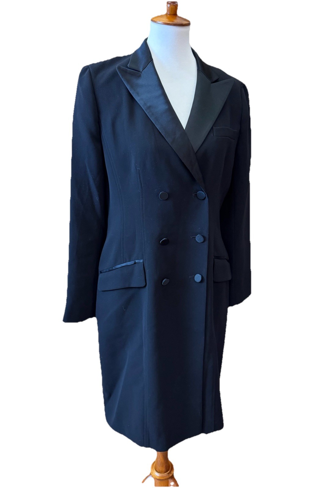 Vtg Jones NY Sz 10 Tuxedo Dress Classic Black Double Breasted Satin Details