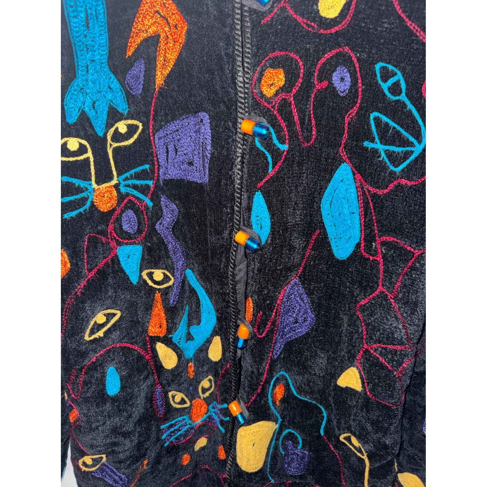 Allure Vintage Black Velvet Embroidered Abstract Cat Animal Jacket Small