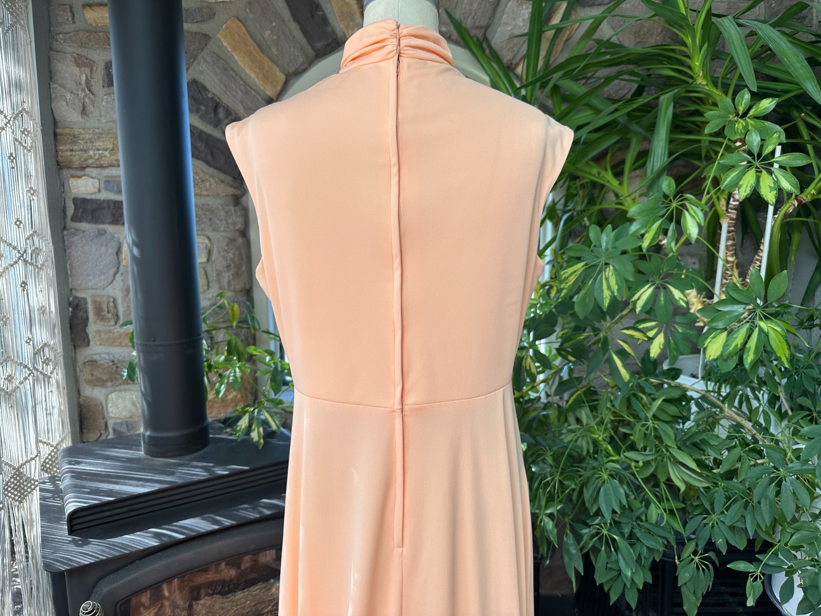 Vintage 1970s Peach Knit and Lace Formal Maxi Dress