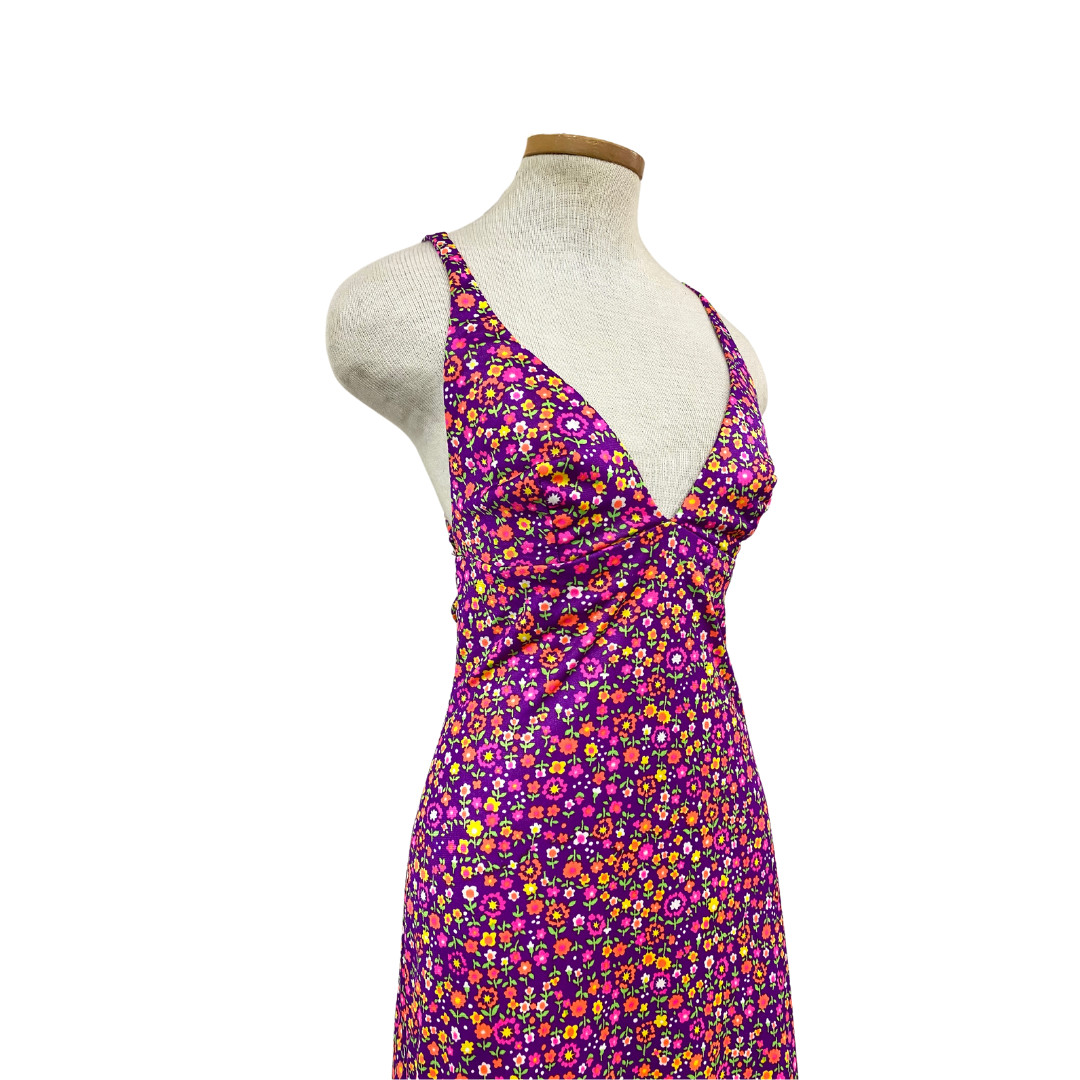 Vtg 70s High Tide California Strappy Crisscross Flower Power Dayglo Era Maxi