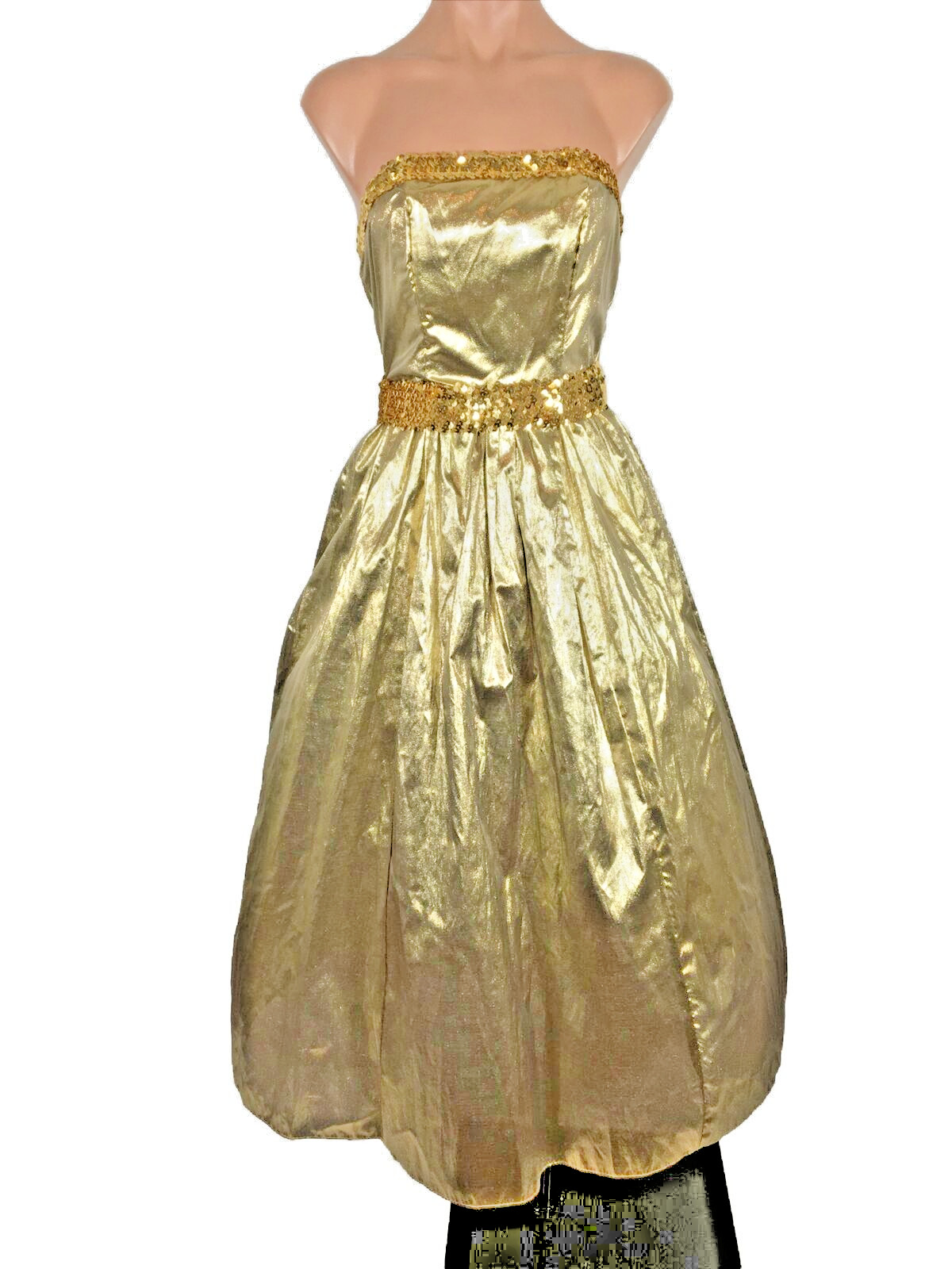 1970s Gold Lame Dress Metallic Sequin Lurex Strapless Fit Flare Party Prom VTG