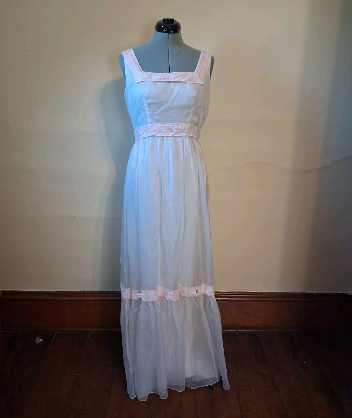 vintage 1960s Dress, Maxi Lorrie Deb White Pink Summer Sun Prom Dress Size M