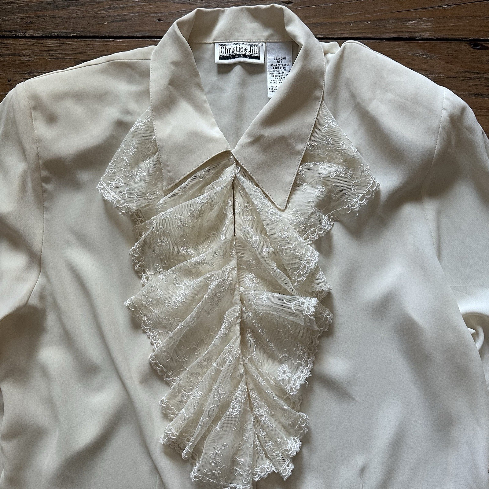 Vtg 80s Christie & Jill Blouse 14T White Lace Jabot Ruffle Secretary Romantic
